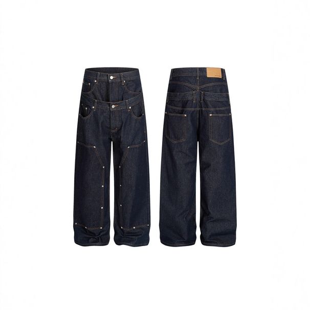 Men's Clothing Double Waist Rivet Men's Workwear Carpenter Jeans – Double Waistband & Riveted Details (Relaxed Straight Fit, Indigo Wash)_mkmklike.com