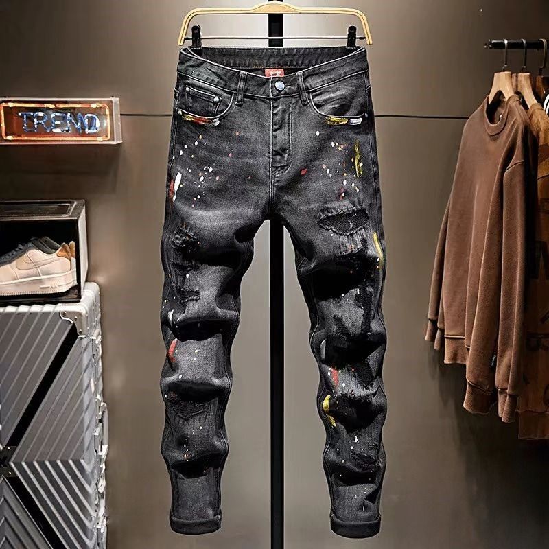 Men's Slim Fit Ripped Jeans Distressed Black Grey Denim Stretch Skinny Fit Cat Whisker Wash Trendy Casual Pants_mkmklike.com