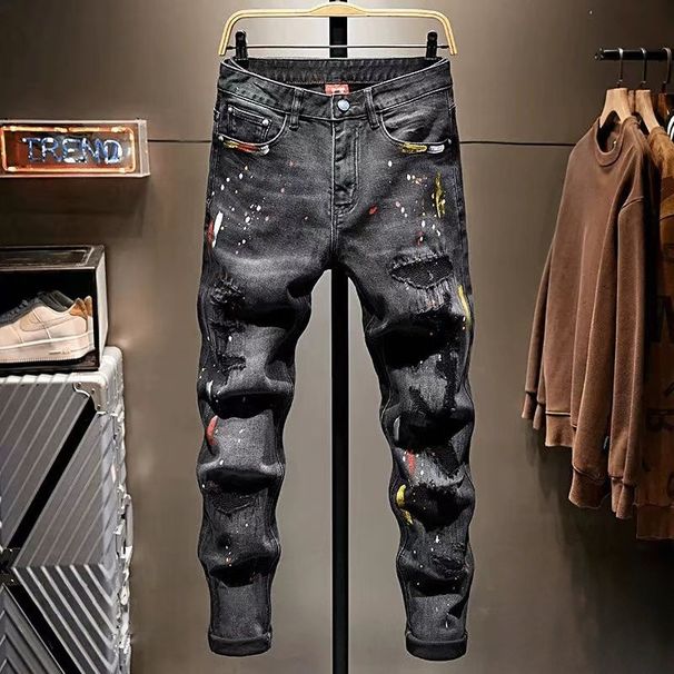 Men's Slim Fit Ripped Jeans Distressed Black Grey Denim Stretch Skinny Fit Cat Whisker Wash Trendy Casual Pants_mkmklike.com