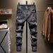 Men's Slim Fit Ripped Jeans Distressed Black Grey Denim Stretch Skinny Fit Cat Whisker Wash Trendy Casual Pants_mkmklike.com