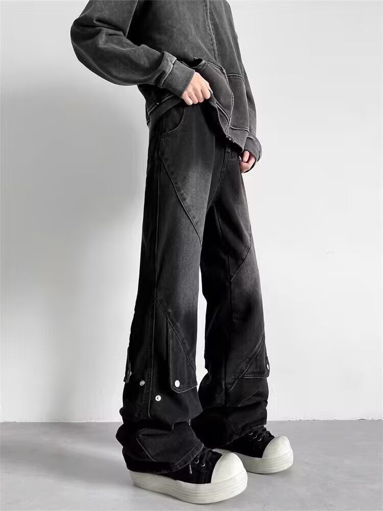 Men's Clothing Deconstructed Button-Fly Jeans - American High Street Style Straight Leg Pants With Raw Hem & Distressed Details (S-3XL, Black/Blue)_mkmklike.com