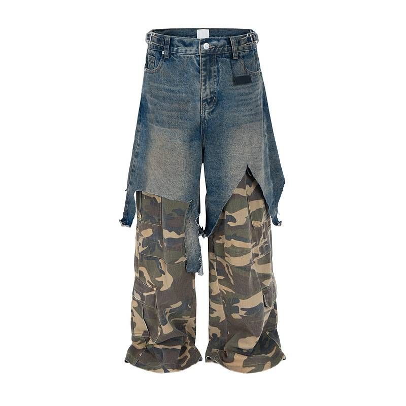 Men's Clothing Heavy Hip Hop Stitching Two Piece Distressed Camouflage Workwear Jeans Loose Casual Wide Leg Trousers_mkmklike.com
