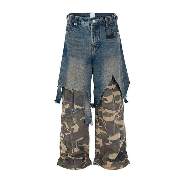 Men's Clothing Heavy Hip Hop Stitching Two Piece Distressed Camouflage Workwear Jeans Loose Casual Wide Leg Trousers_mkmklike.com