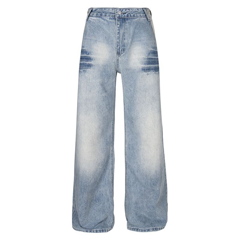 Men's Clothing Four Seasons American Retro Washed Light Color Grinding White Lightning Bamboo Pattern Jeans Straight Mopping Couple_mkmklike.com