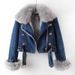 Women's Detachable Faux Fox Fur Lined Denim Jacket - Short Coat With Bunny Fur Collar, Slim Fit, Casual & Elegant Style_mkmklike.com