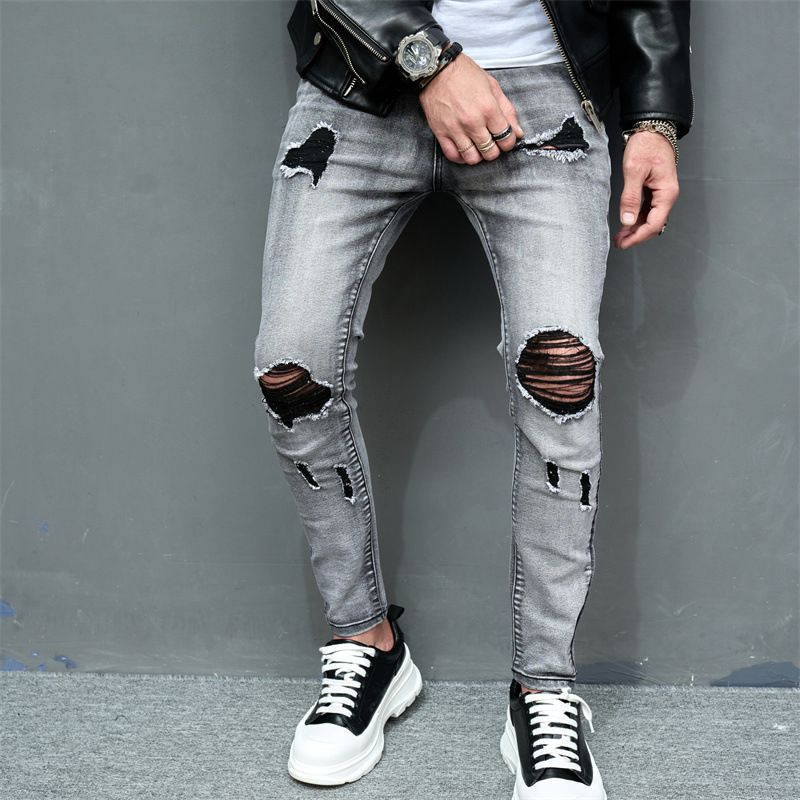 Perforated Solid Color Small Foot Elastic Men's Slim Fit Denim Selfie_mkmklike.com