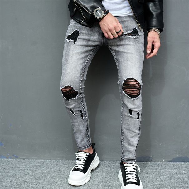 Perforated Solid Color Small Foot Elastic Men's Slim Fit Denim Selfie_mkmklike.com