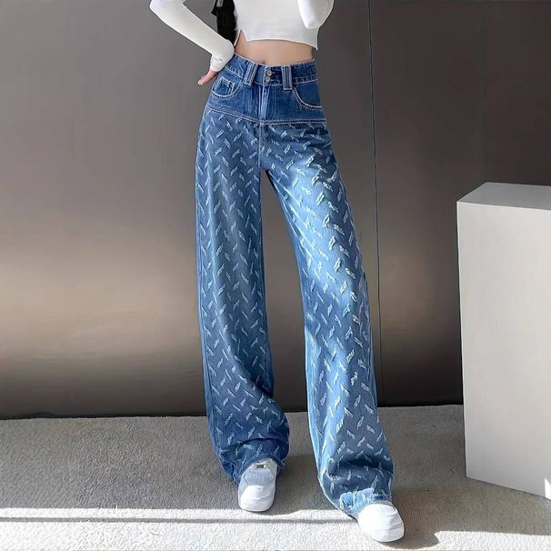 Women's Clothing High Waist Slim Floor Length Straight Denim Wide Leg Pants Women's Loose Niche High Street Ins Design 18175_mkmklike.com
