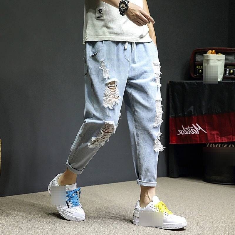 Men's Summer Thin Ripped Jeans Trendy Loose Straight Leg Mid-Waist Cropped Casual Trousers High Street Style_mkmklike.com