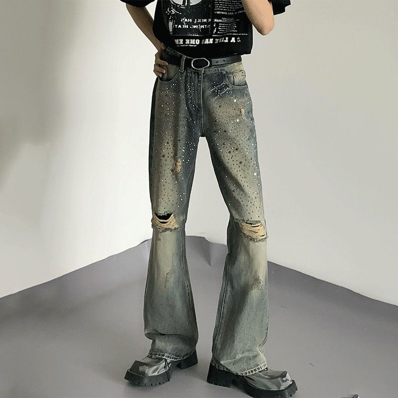 2026 American Retro Heavy Duty Rhinestone Ripped Flare Jeans For Men Niche Design, Straight Leg Casual Pants_mkmklike.com