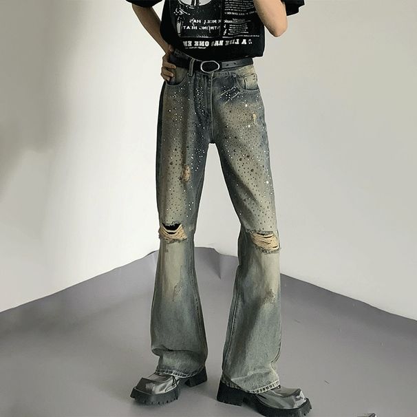 2026 American Retro Heavy Duty Rhinestone Ripped Flare Jeans For Men Niche Design, Straight Leg Casual Pants_mkmklike.com