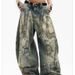 Large Size American Street Heavy Industry Random Needle Embroidery Stained Jeans Men And Women Wasteland Wind Loose Wide Leg Scimitar Pants Tide_mkmklike.com