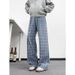 Men's Clothing Light Blue Plaid Straight Leg Jeans High Street Style Flared Trousers Men's Cleanfit Pants Vibe_mkmklike.com