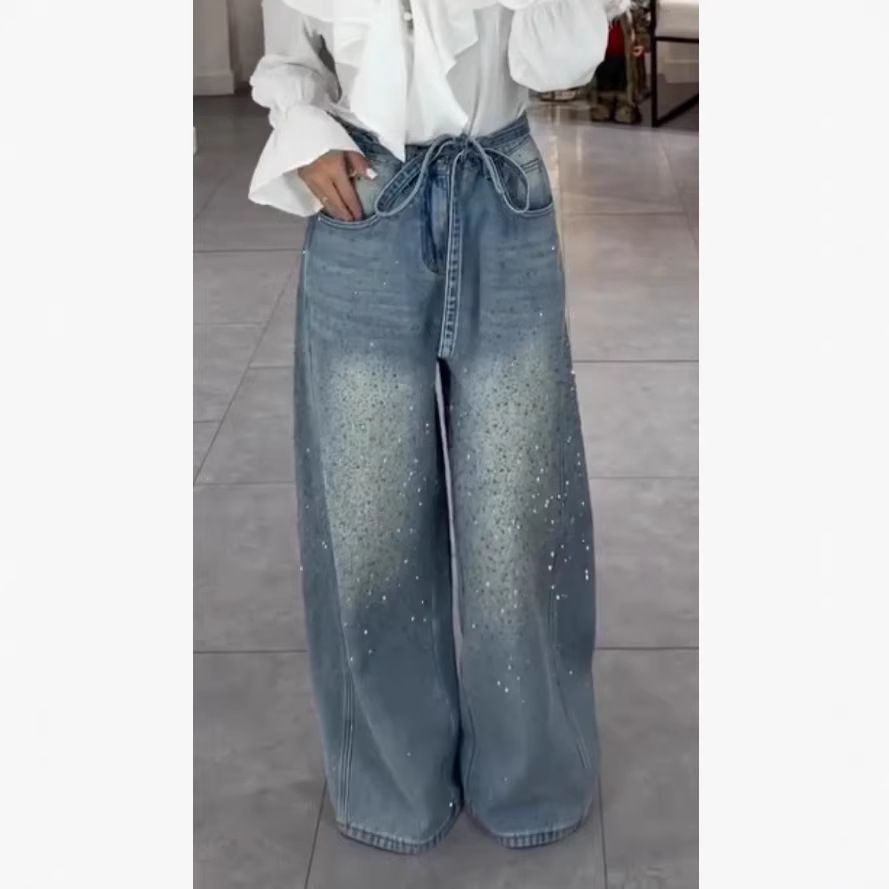 Women's Rhinestone Patchwork Jeans Bow Tie Detail Sexy Loose Fit Denim Retro American Style_mkmklike.com