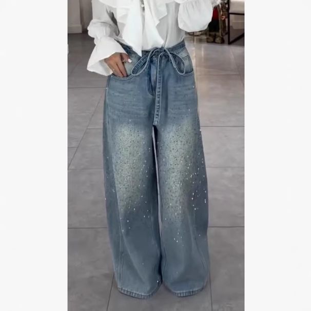 Women's Rhinestone Patchwork Jeans Bow Tie Detail Sexy Loose Fit Denim Retro American Style_mkmklike.com