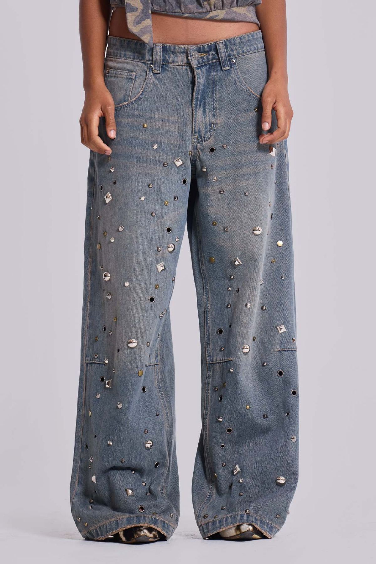 Women's High Waist Straight Leg Jeans Rivet Design Hot Fix Rhinestone European American Style Loose Trousers Trendy Retro_mkmklike.com