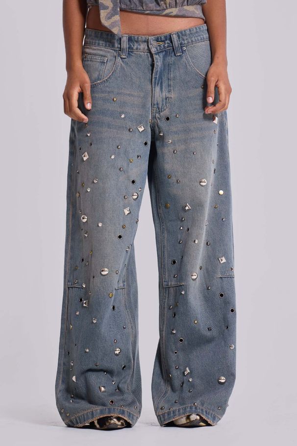 Women's High Waist Straight Leg Jeans Rivet Design Hot Fix Rhinestone European American Style Loose Trousers Trendy Retro_mkmklike.com