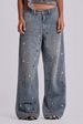 Women's High Waist Straight Leg Jeans Rivet Design Hot Fix Rhinestone European American Style Loose Trousers Trendy Retro_mkmklike.com