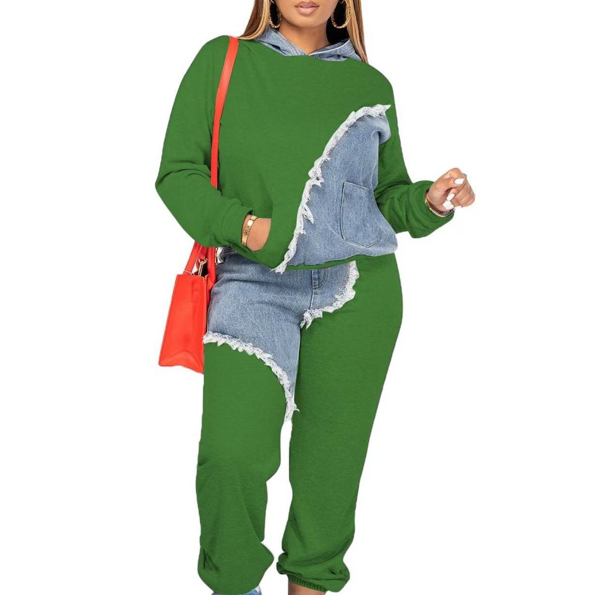 Women's Clothing Spring New Women's Fashion Denim Stitching Zipper Long Sleeve Two Piece Set_mkmklike.com