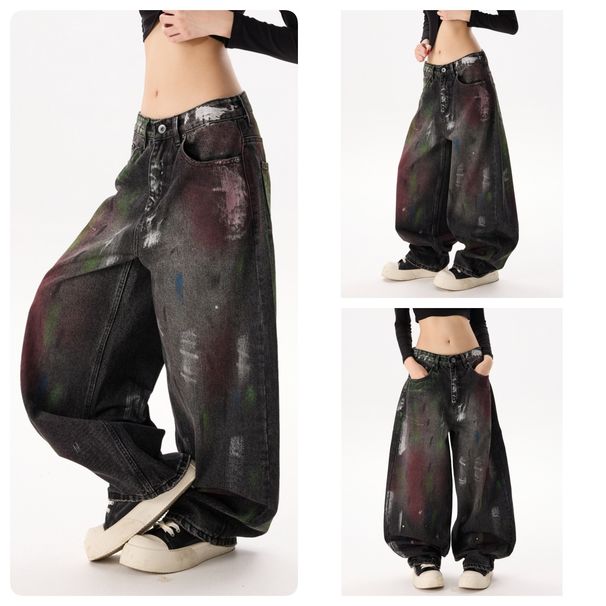 Men's Clothing Men's Vintage High-Waisted Wide-Leg Jeans – Distressed Wash, Multi-Tone Fading, Retro Streetwear (S-3XL, Black & Faded Blue)_mkmklike.com