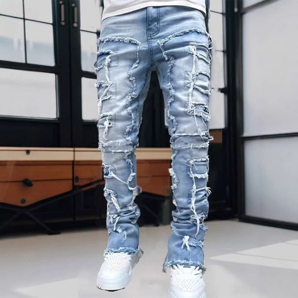 Men's Distressed Denim Jeans Slim Straight High Street Fashion Patchwork Raw Hem Casual Breathable Cotton Blend Pants_mkmklike.com