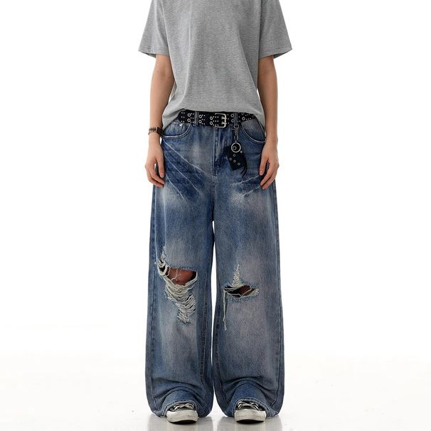Men's Vintage Distressed High Street Jeans - Loose Fit Denim Pants For Summer, Retro Washed Casual Trousers_mkmklike.com