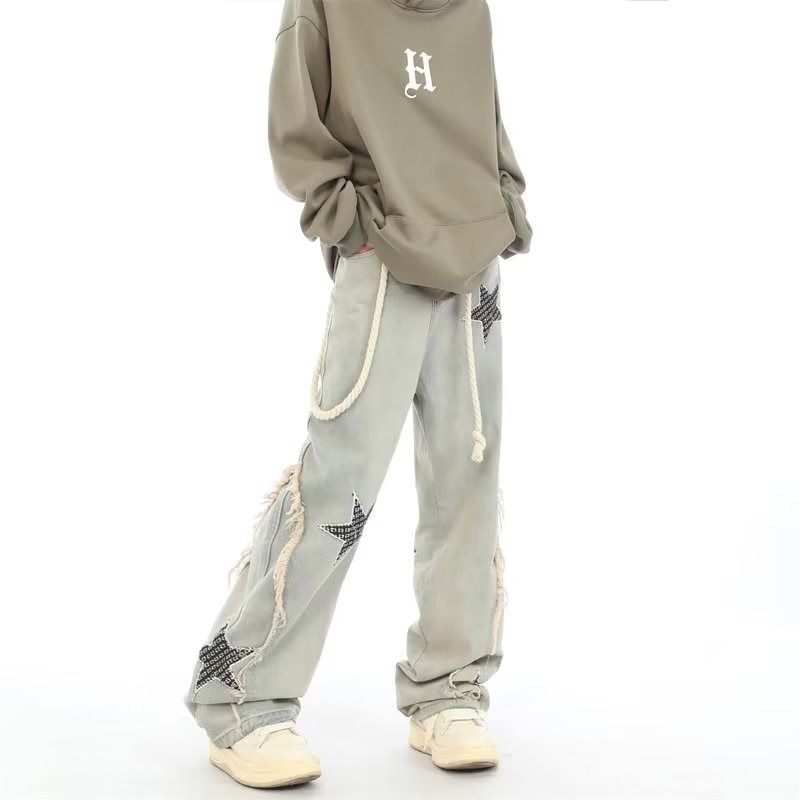 Men's American Vintage Star-Patch Jeans – Relaxed Straight-Leg & Raw Hem (S-3XL, Light Blue)_mkmklike.com