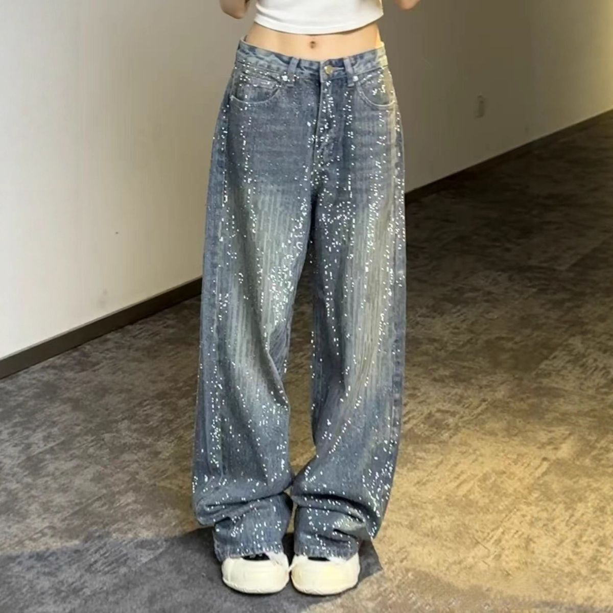 Women's Clothing Women's Wide Leg Jeans Loose Casual Trousers Sparkling Diamond Washed Denim Versatile For Formal & Casual_mkmklike.com