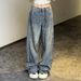 Women's Clothing Women's Wide Leg Jeans Loose Casual Trousers Sparkling Diamond Washed Denim Versatile For Formal & Casual_mkmklike.com