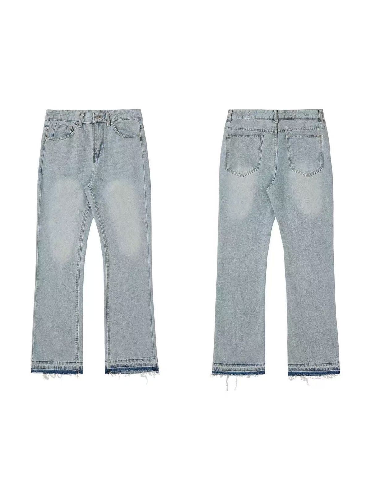 Men's Distressed Flared Jeans - Vintage Grey Cleanfit Denim With Frayed Hem, High Street Micro Bell Bottoms_mkmklike.com