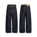 Men's Style Double Waistband Rivet Indigo Blue Textured Denim A-Line Relaxed Straight Leg Long Pants_mkmklike.com