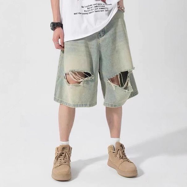 Men's Unique Distressed Design Straight Leg Jeans Loose Fit Summer American Retro Style Five Quarter Length Trendy Shorts_mkmklike.com