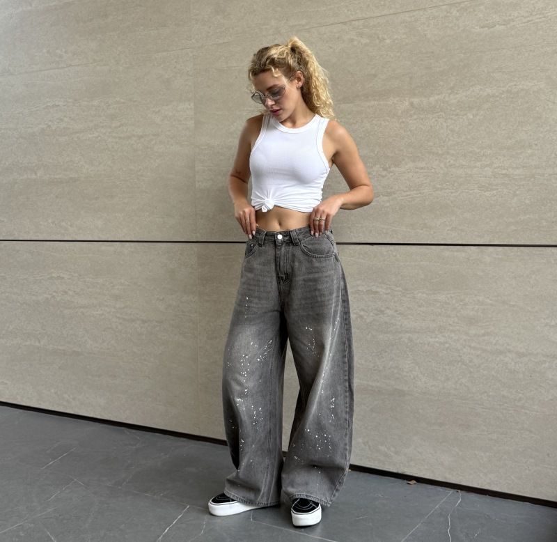 Streetwear Baggy Jeans – 90s Hip-Hop Revival (High Waist, Washed Gray, Unisex Fit For S-XL, Cotton-Poly Blend)_mkmklike.com