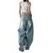 Vintage Washed Light Blue Flared Jeans For Women - Retro American Hip Hop Street Style Wide Leg Trousers_mkmklike.com