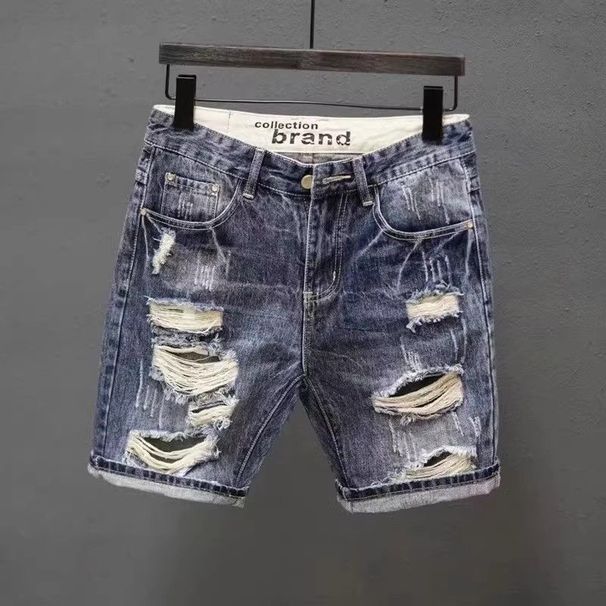 Men's Slim Fit Stretchy Denim Shorts Summer Trendy Ripped Patch mid Length Casual Versatile Five Point Online Popular_mkmklike.com