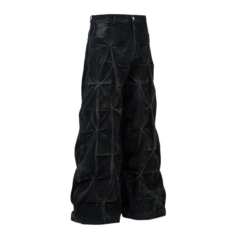 Vintage Distressed Black Jeans For Men – Oversized Streetwear Trousers With Artful Creasing (M-XXL)_mkmklike.com
