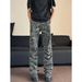 Men's Clothing American high street vibe wrinkled camouflage jeans men's hip-hop workwear straight flared loose slim long pants_mkmklike.com