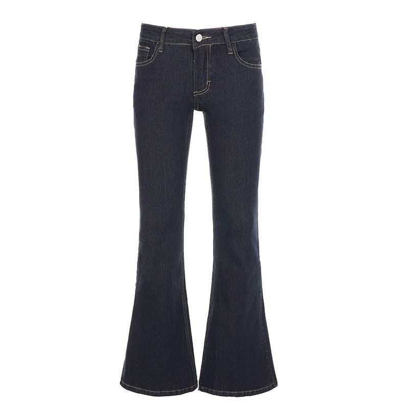 Women's Dark Blue Raw Denim Low Rise Slim Fit Flared Jeans American Style Spring/Autumn Regular Size Solid Pattern_mkmklike.com