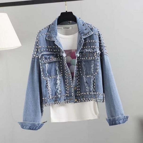 Women’s Oversized Denim Jacket With Beaded Ins Details – Korean Style Loose Fit Vintage Hong Kong Fashion (Indigo Blue, One Size Fits Most)_mkmklike.com