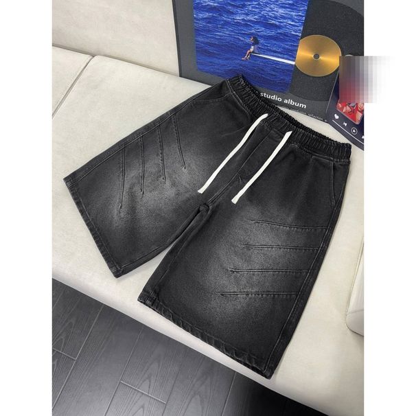 Men's American Style Washed Pleated Denim Shorts Summer Outerwear Shark Gill Drawstring Five Point Casual Mid-Length Pants_mkmklike.com
