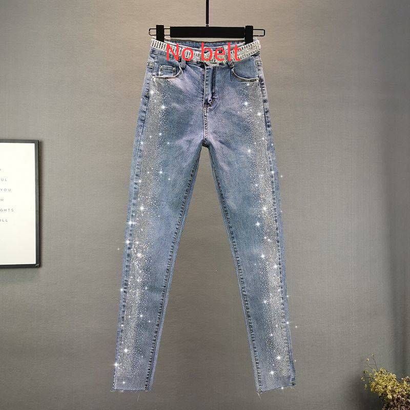 Women's High Waist Rhinestone Embellished Stretch Jeans - Slim Fit Straight Leg Ankle Length Denim Pants For Casual & Office Wear_mkmklike.com