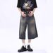 Men's Vintage Washed Denim Shorts Retro High Street Loose Fit Mid-Thigh Cargo in Black Navy Retro Blue_mkmklike.com