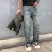 Vintage Washed Denim Jeans For Men - Relaxed Fit Straight Leg Casual Trousers With High Street Aesthetic, Light Blue_mkmklike.com