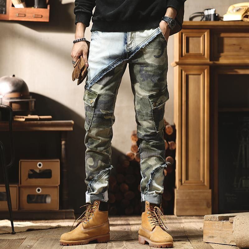 Splicing Tooling Jeans Men's Summer American Trendy Brand Camouflage Pants Men's Slim-fitting Small Feet Retro Multi-pocket Trousers_mkmklike.com