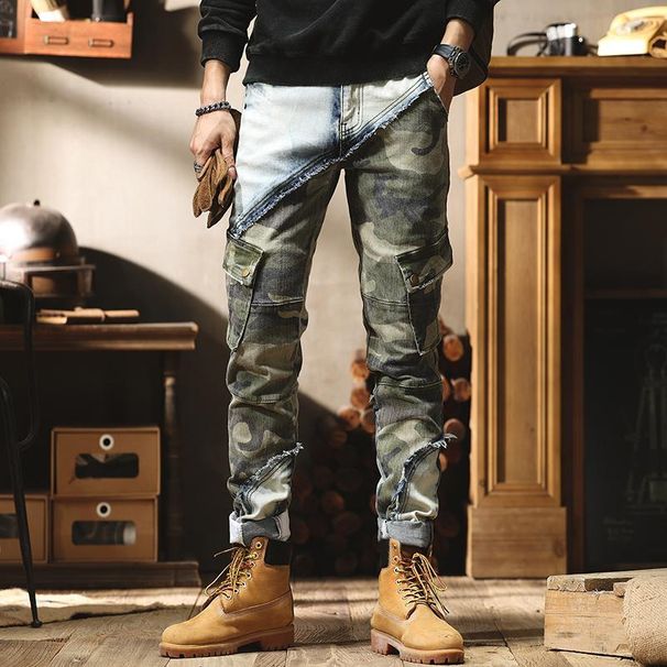 Splicing Tooling Jeans Men's Summer American Trendy Brand Camouflage Pants Men's Slim-fitting Small Feet Retro Multi-pocket Trousers_mkmklike.com