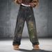 Men’s Loose Fit Straight Leg Jeans – Blue-Green Washed Graffiti Denim With Distressed Details_mkmklike.com