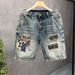 Men's Distressed Embroidered Denim Shorts Vintage Washed Casual 5-Inch Inseam Summer Shorts with Patchwork Details_mkmklike.com