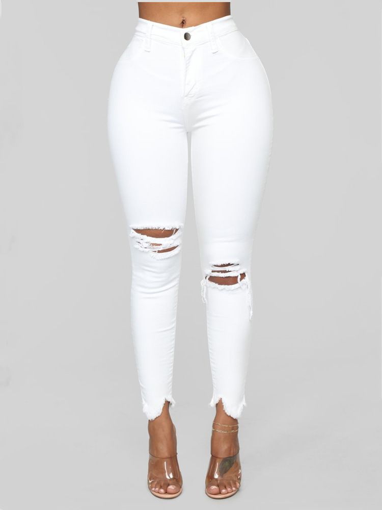 K Fashion New Pure Color Ripped Long Pants For Women_mkmklike.com