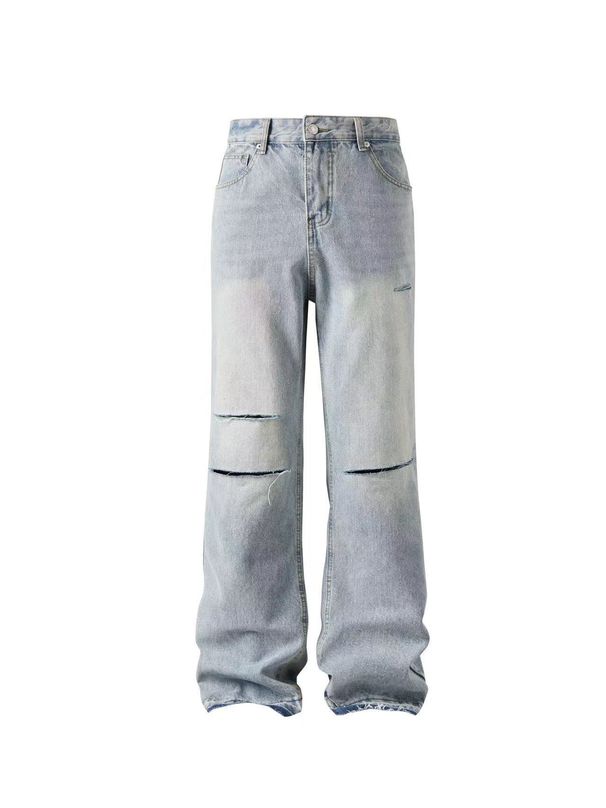 Men's Clothing Light Blue Raw Edge Tassel Jeans Vintage Washed Ripped Jeans_mkmklike.com