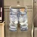 Men's Clothing Summer Personality Hole Denim Shorts Fashion Trend Handsome Casual Shorts Light Blue Ripped Pants_mkmklike.com